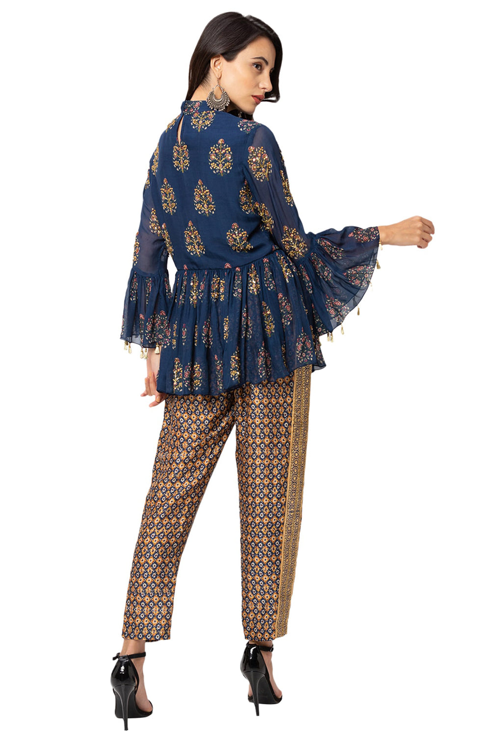 Embroidered Printed Top With Tie-Up And Cigarette Pants