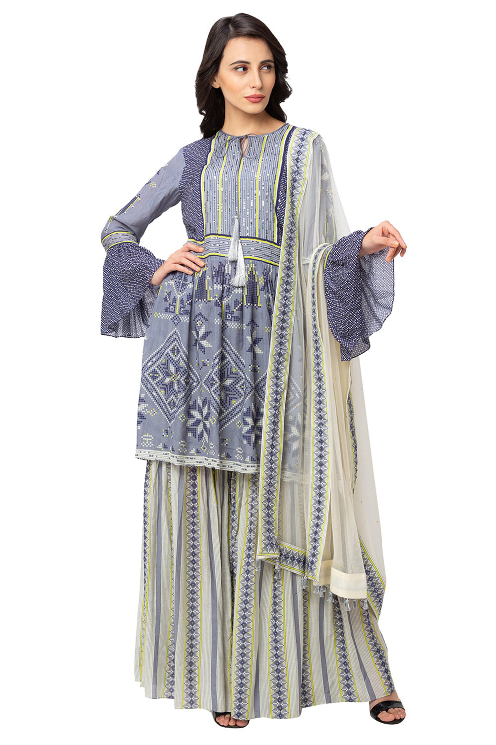 Embroidred Printed Peplum Top With Sharara Pants And Dupatta