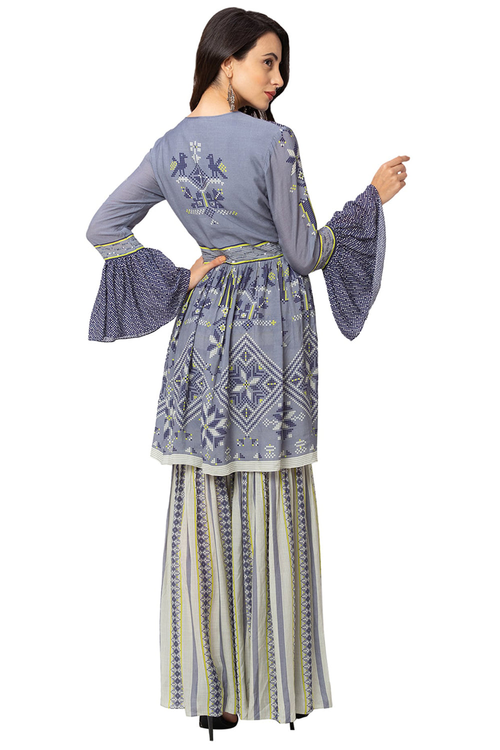 Embroidred Printed Peplum Top With Sharara Pants And Dupatta