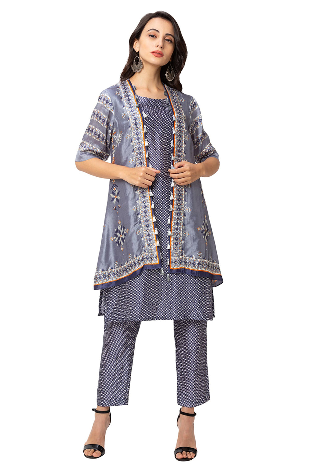 Printed Kurta And Pants With Embroidered Jacket