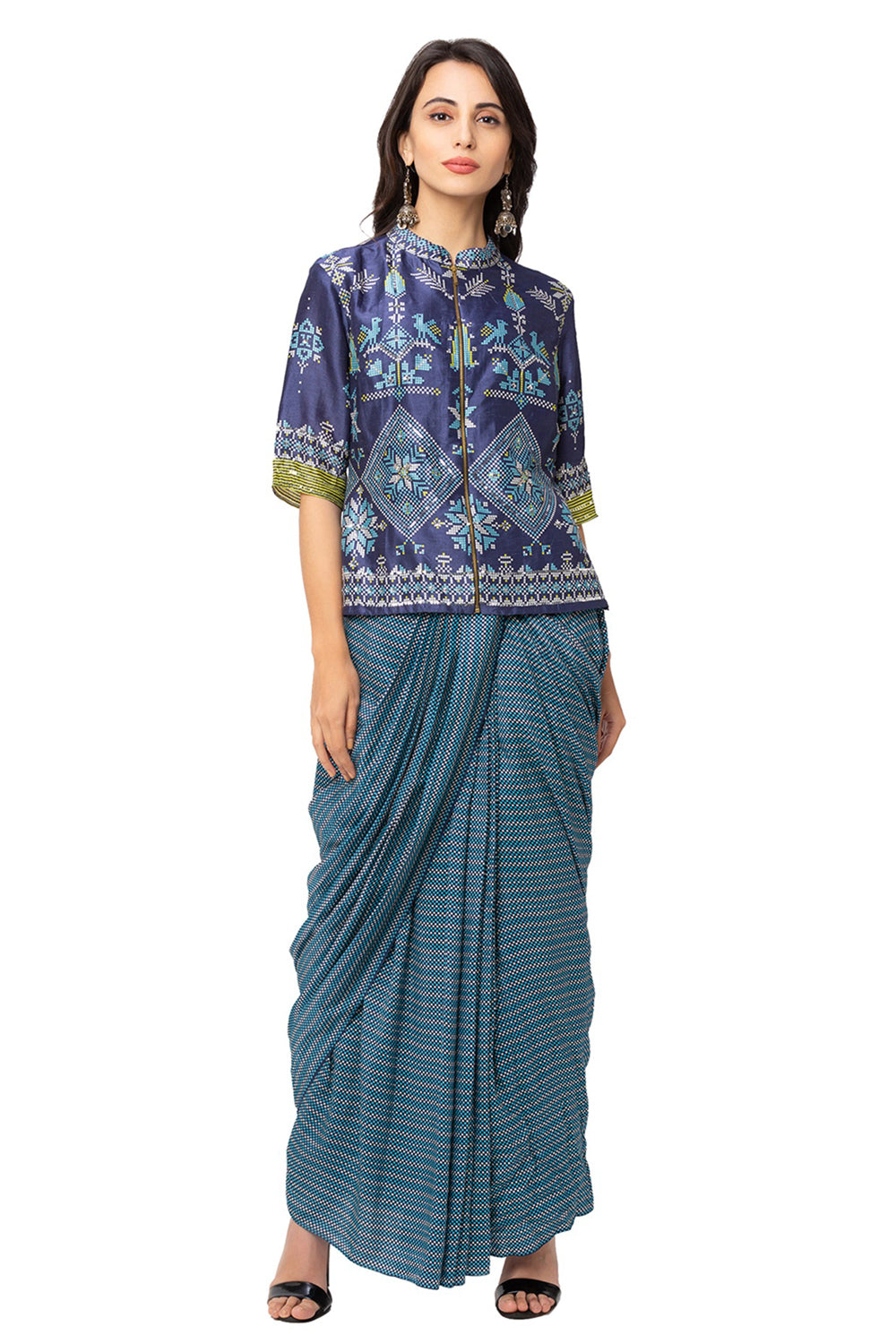 Printed Jacket Style Top With Draped Skirt