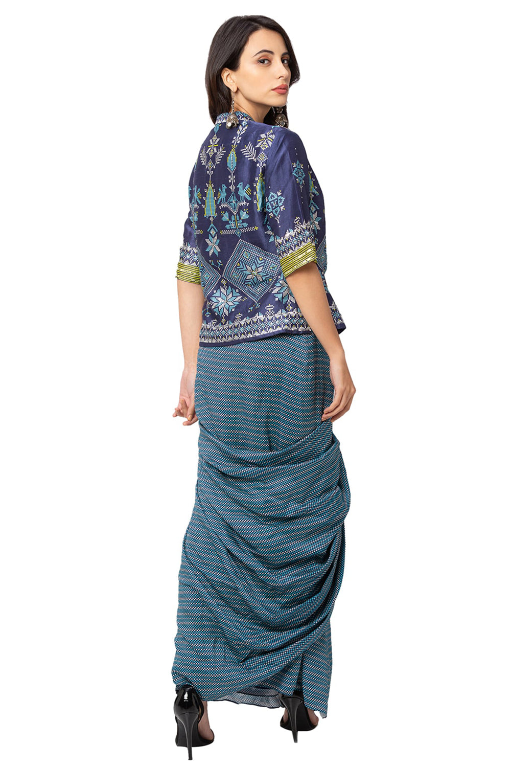Printed Jacket Style Top With Draped Skirt