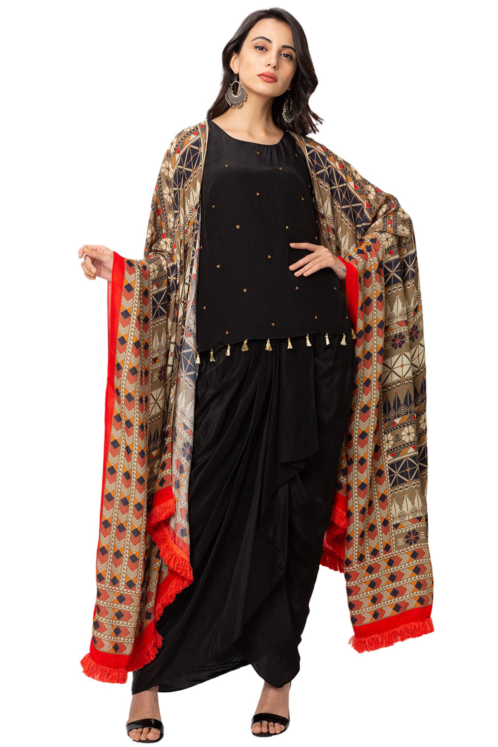 Top And Draped Skirt With Printed Kaftan Style Jacket