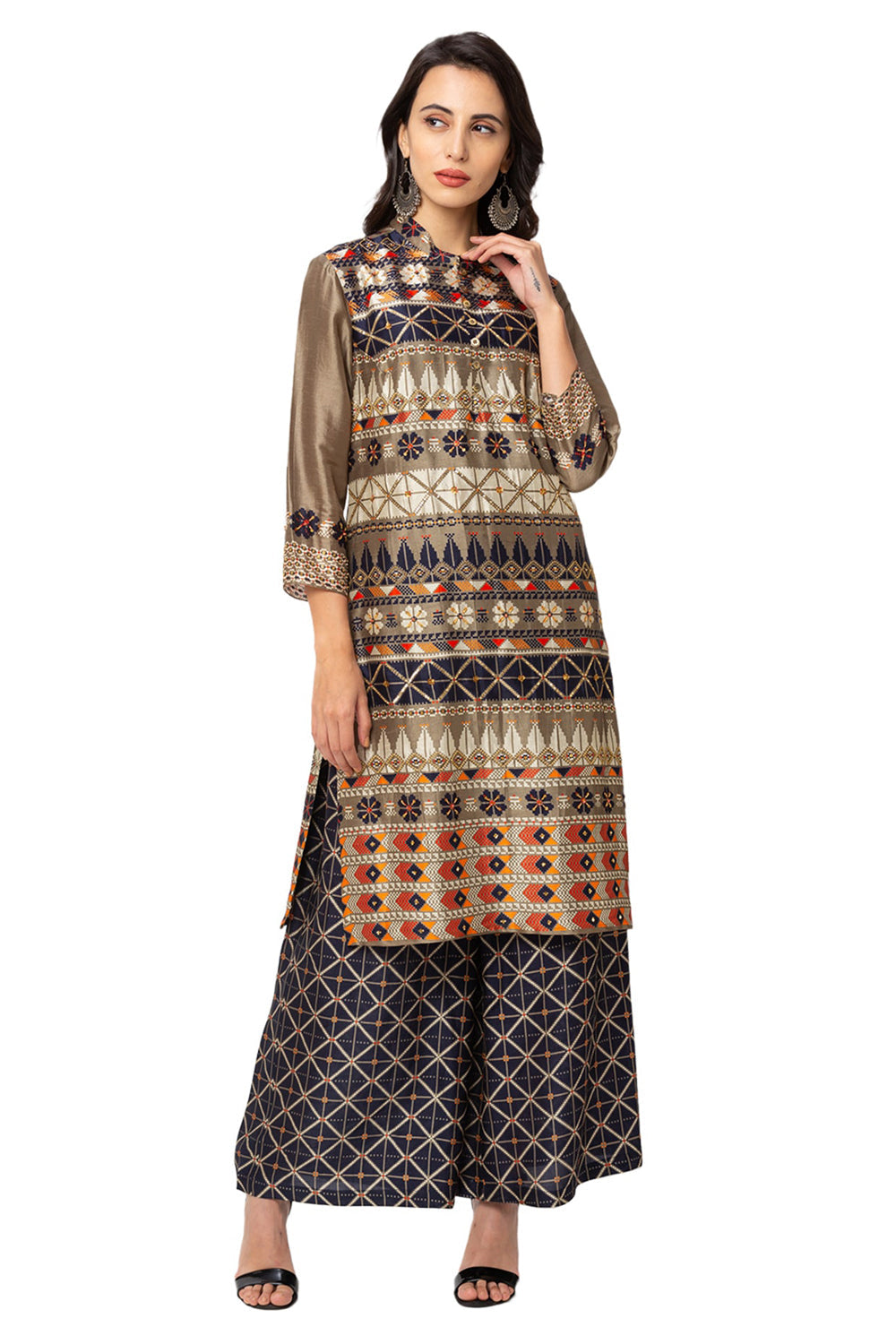 Embroidered Kurta With Printed Palazzo Pants