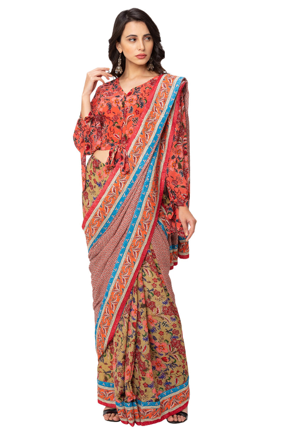 Printed Blouse With Draped Saree