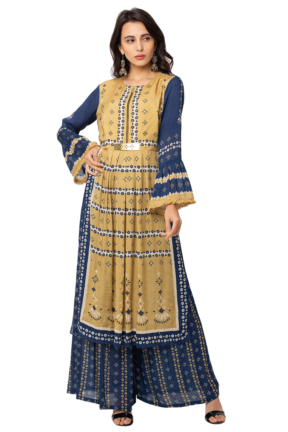 Printed Tunic With Bell Sleeves With Palazzos