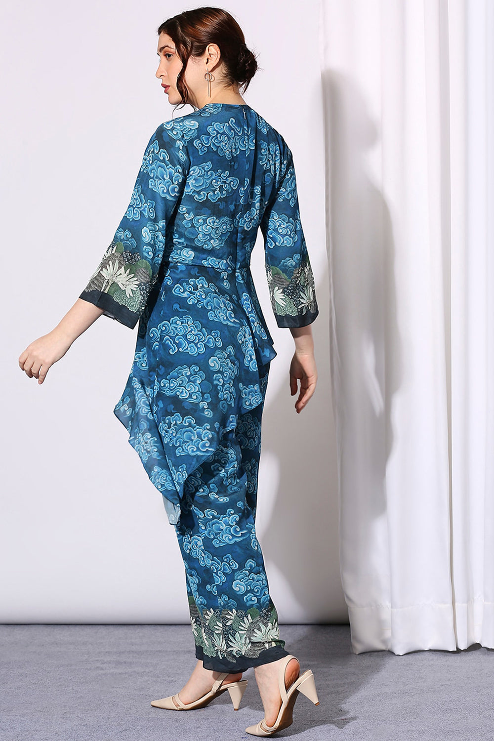 Coversational Asymmetrical Printed Jumpsuit With Back Opening