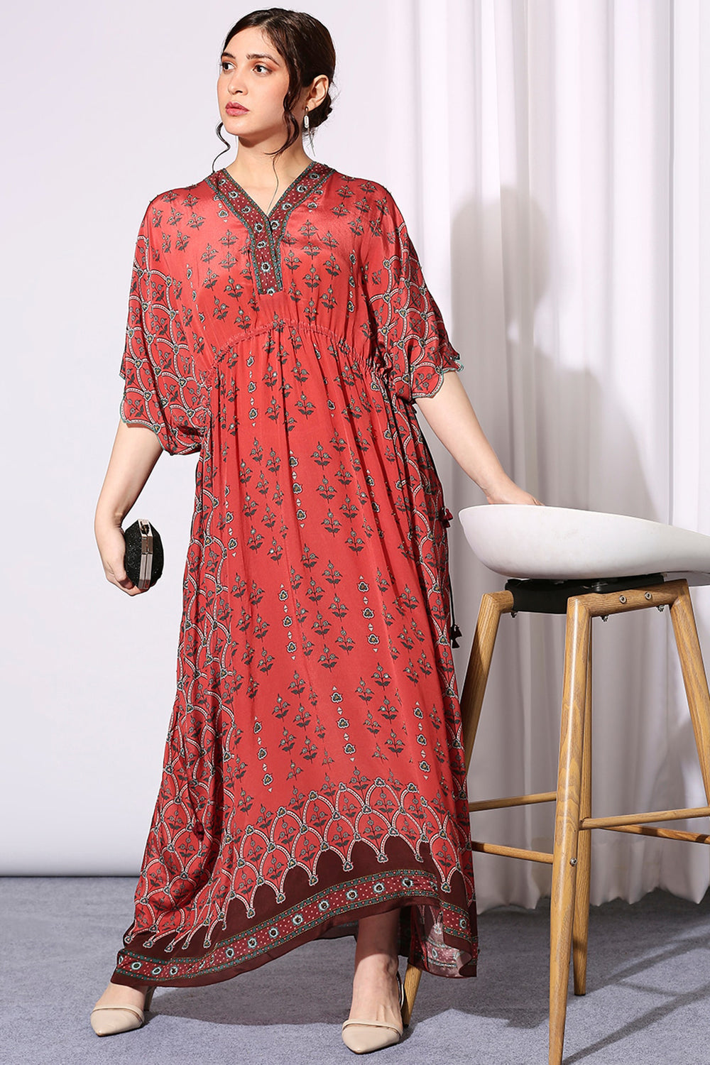 Ethnic Folklore Kaftaan Dress With Waist Tie-Up