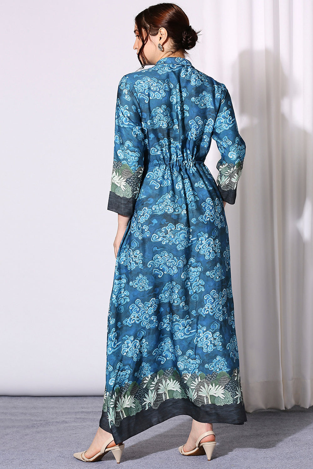 Conversational Printed Dress With Front Opening And Waist Tie Ups