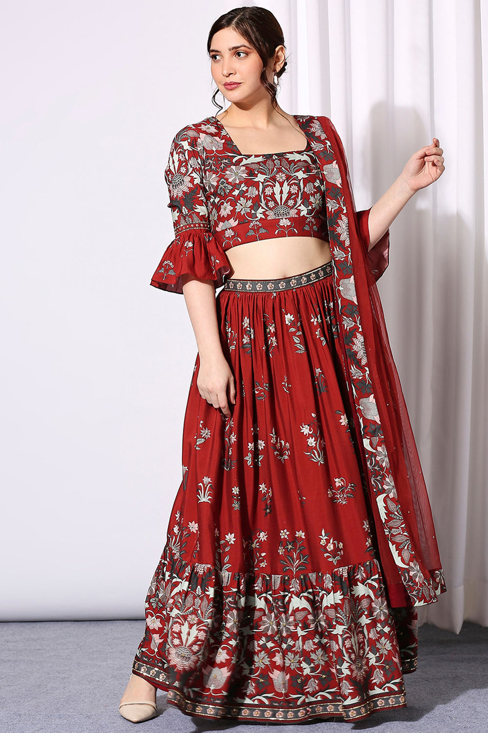 Midnight Floral Printed Skirt With Blouse Paired With Net Dupatta