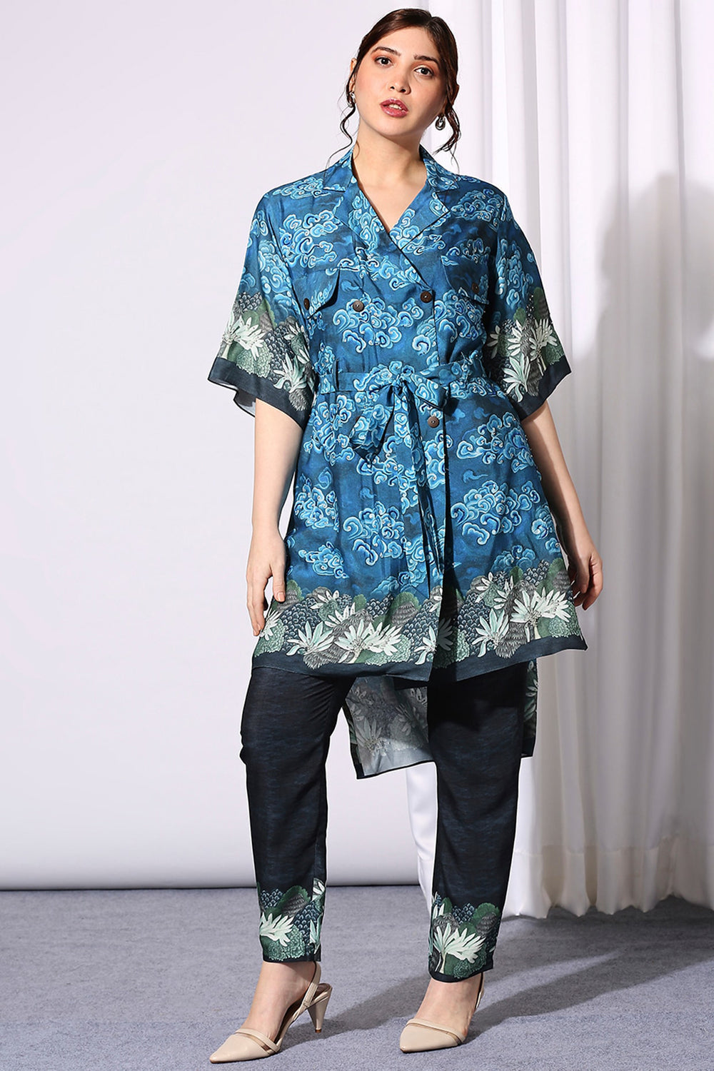 Conversational Printed Overlap Dress With Belt Paired With Printed Pants