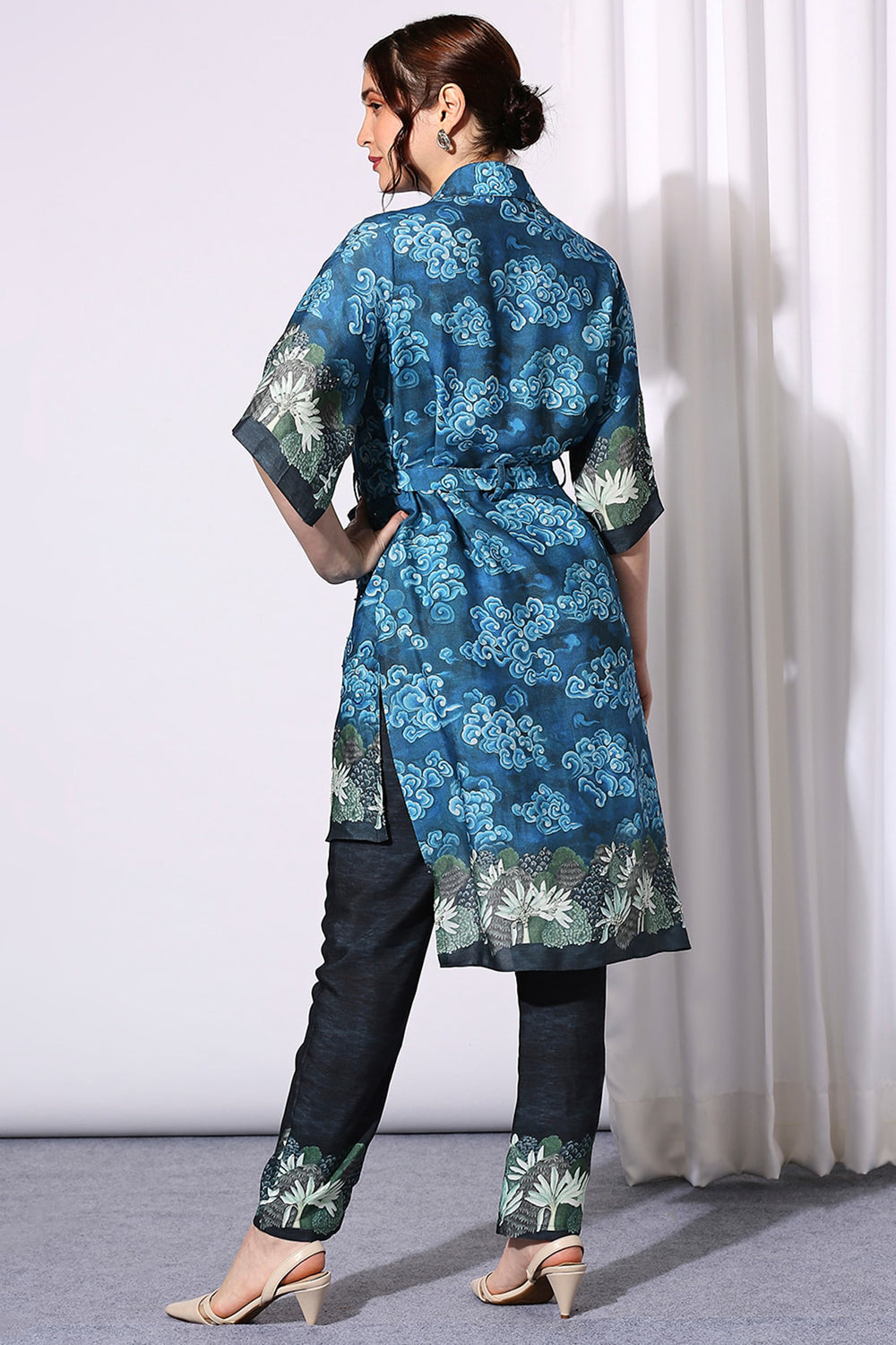 Conversational Printed Overlap Dress With Belt Paired With Printed Pants