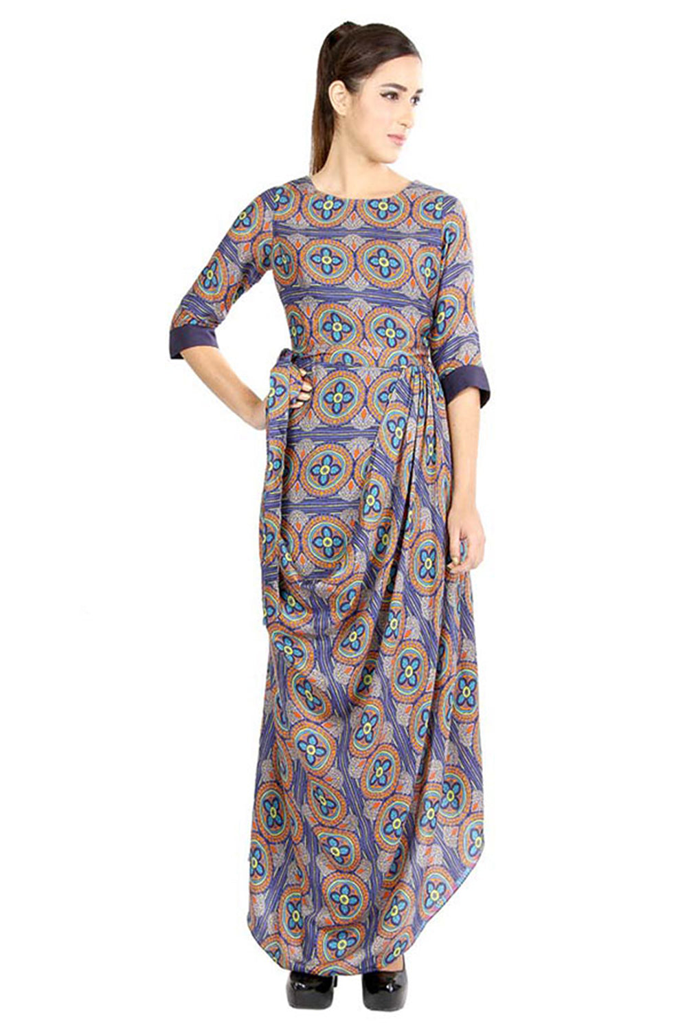 Azuleza Printed Drape Dress With Waist Tie-Up