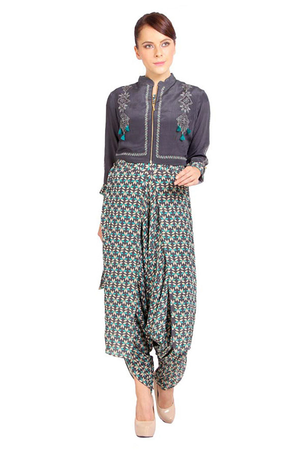 Bullion Flower Printed Jumpsuit With Jacket