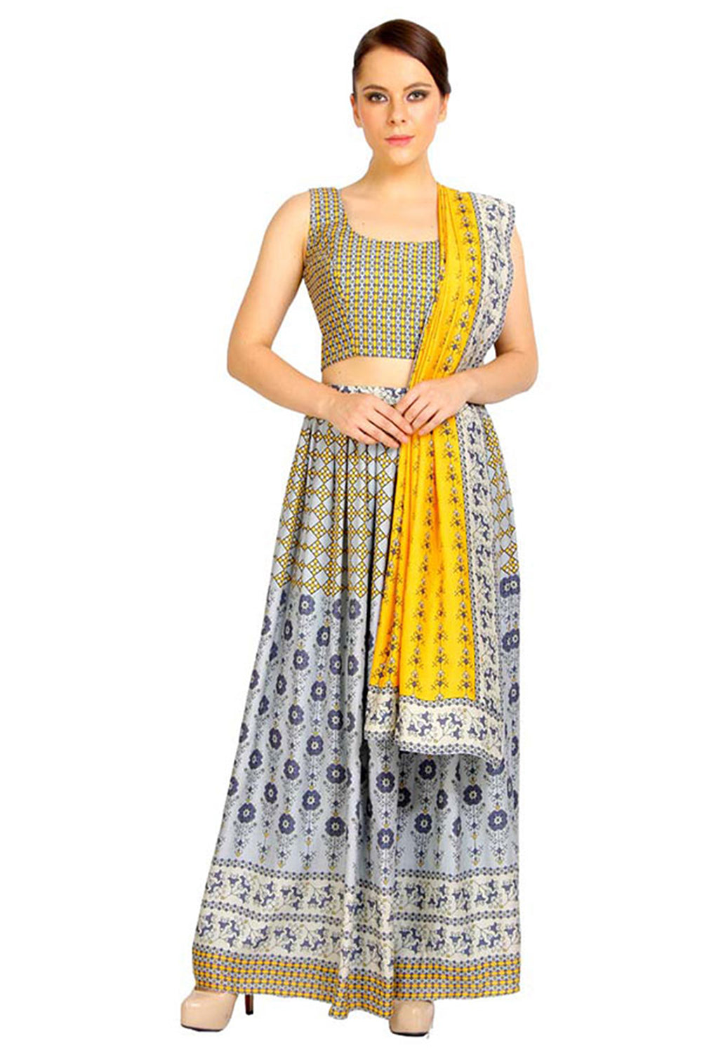 Geo Floral Printed Skirt Set With Dupatta