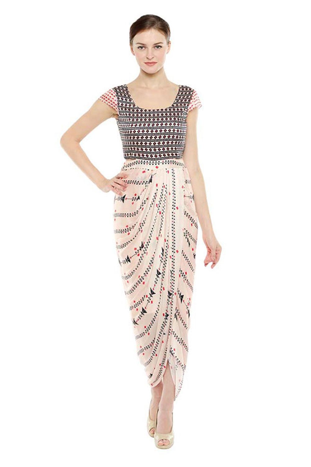 Azulejos Printed Drape Dress With Long Cape