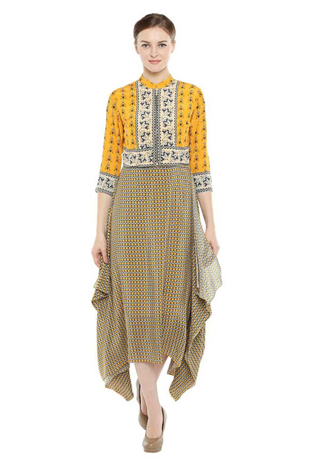 Geo Floral Printed Asymmetrical Dress With Jacket