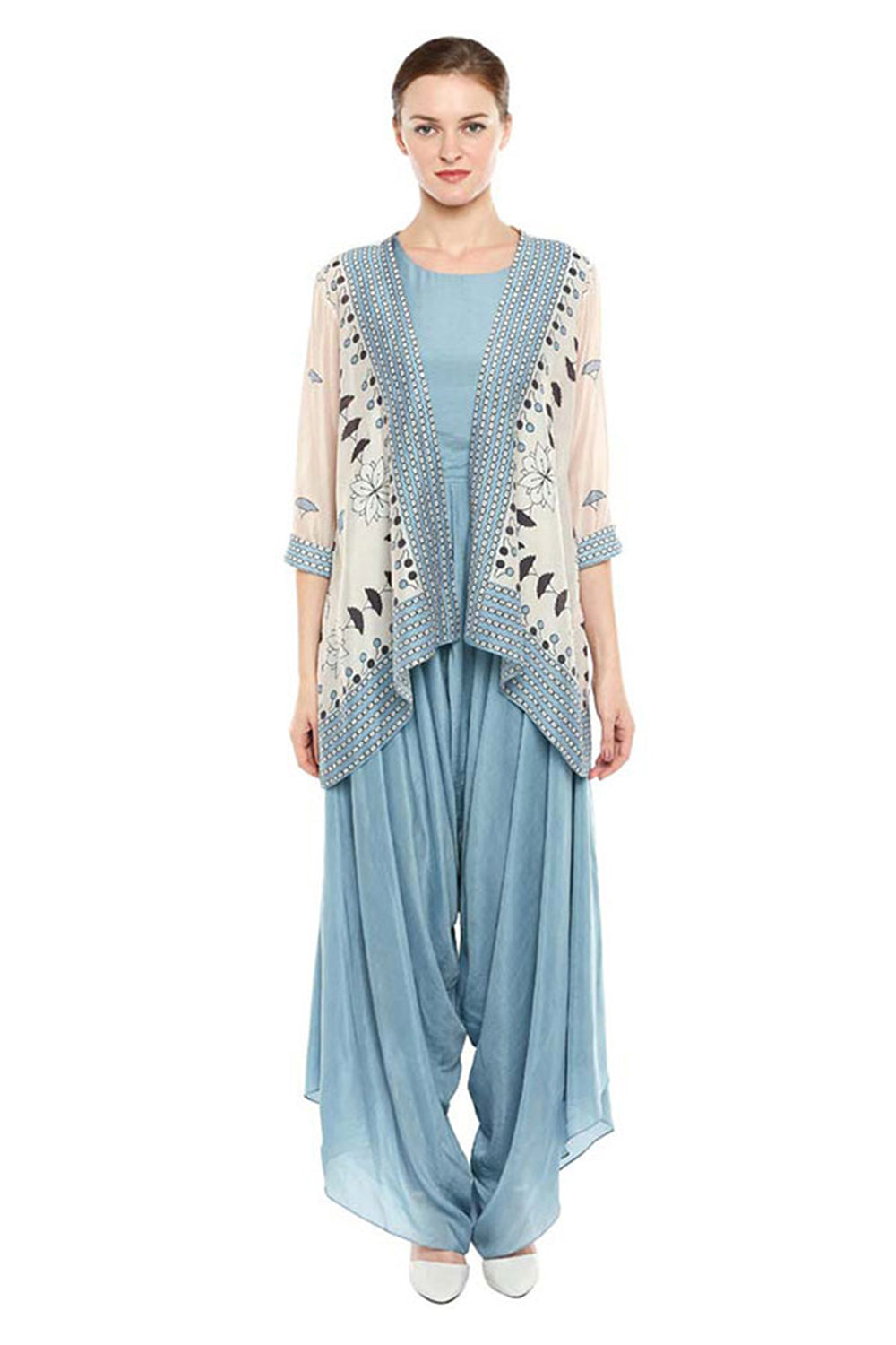 Bagru Printed Cowl Jumpsuit With Jacket