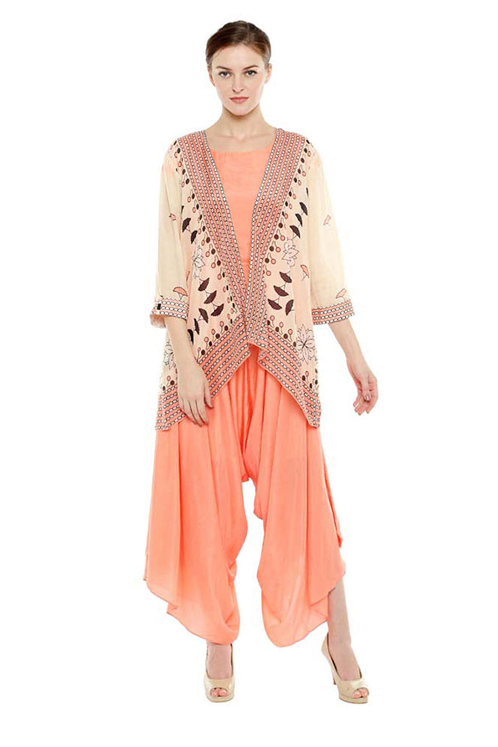 Bagru Printed Cowl Jumpsuit With Jacket