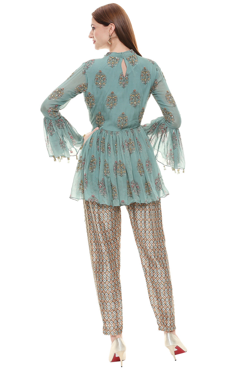 Sage Green Printed Top With Pants Gatheres At Waist And Bell Sleeves