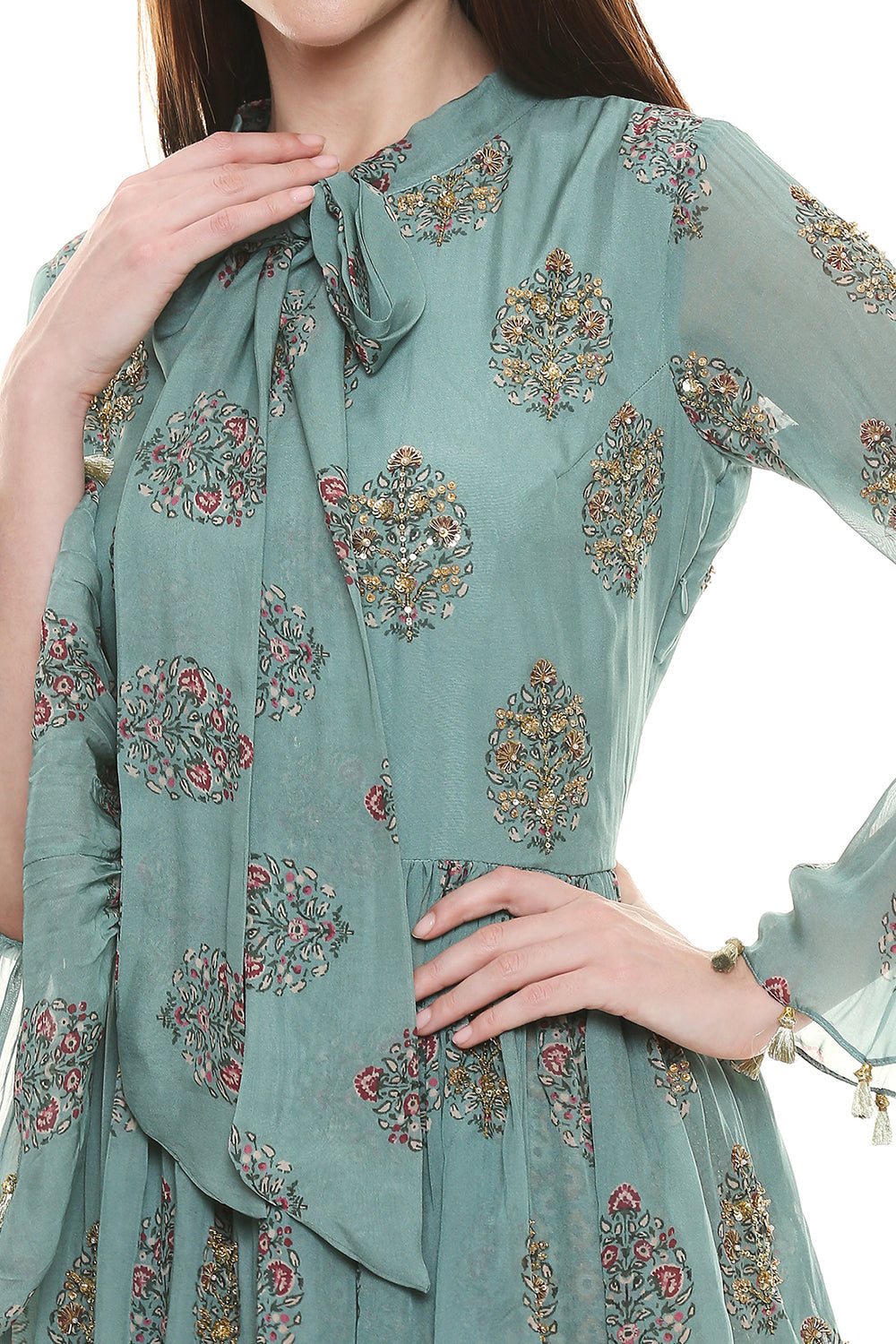 Sage Green Printed Top With Pants Gatheres At Waist And Bell Sleeves