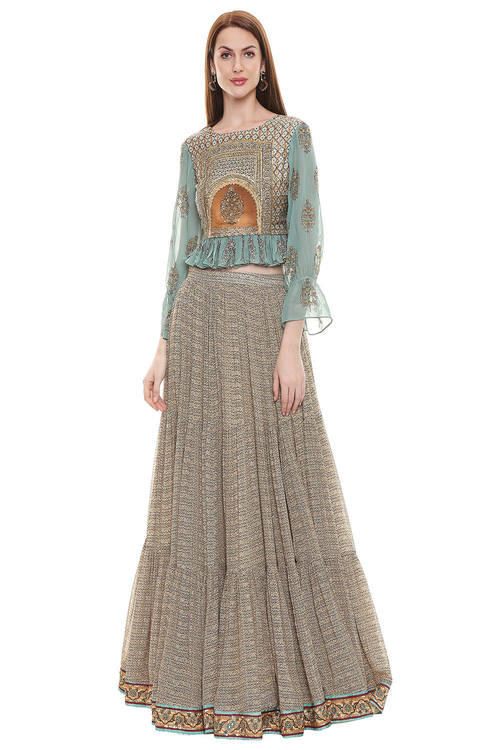 Sage Green Printed Crop Top With Balloon Sleeves, Three Tiered Skirt And Net Dupatta