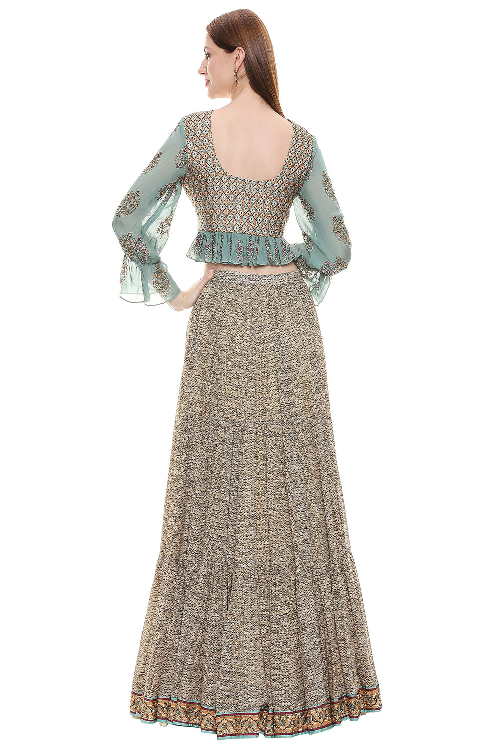 Sage Green Printed Crop Top With Balloon Sleeves, Three Tiered Skirt And Net Dupatta