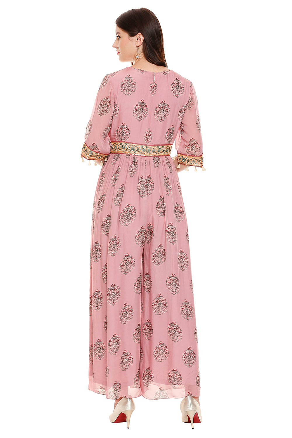 Pink Printed Flared Jumpsuit With Embroidered Yoke