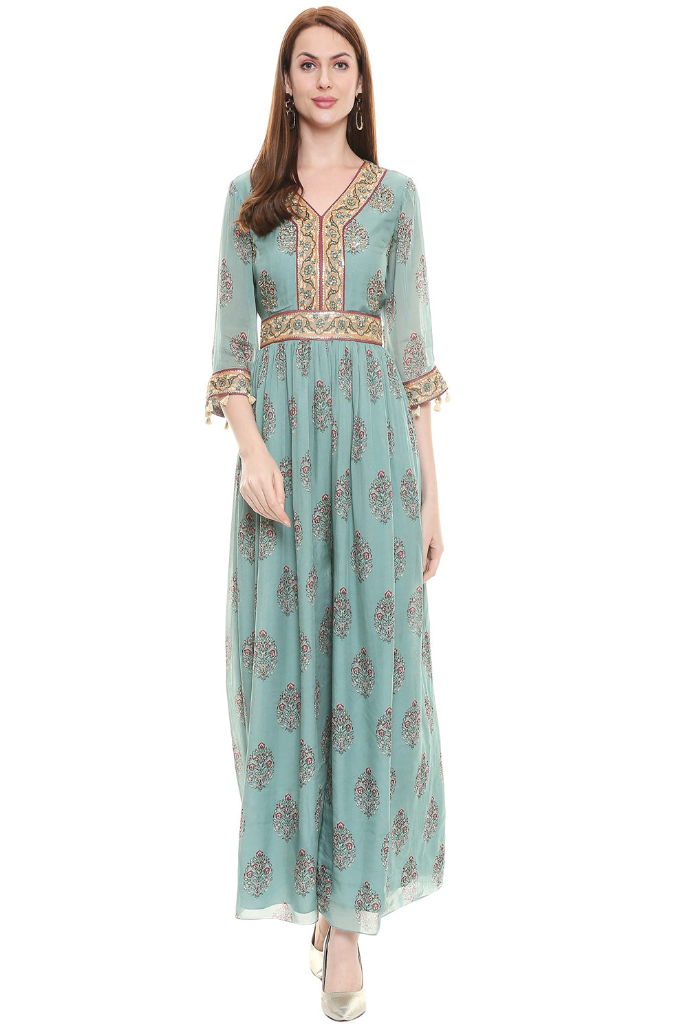 Sage Green Printed Flared Jumpsuit With Embroidered Yoke