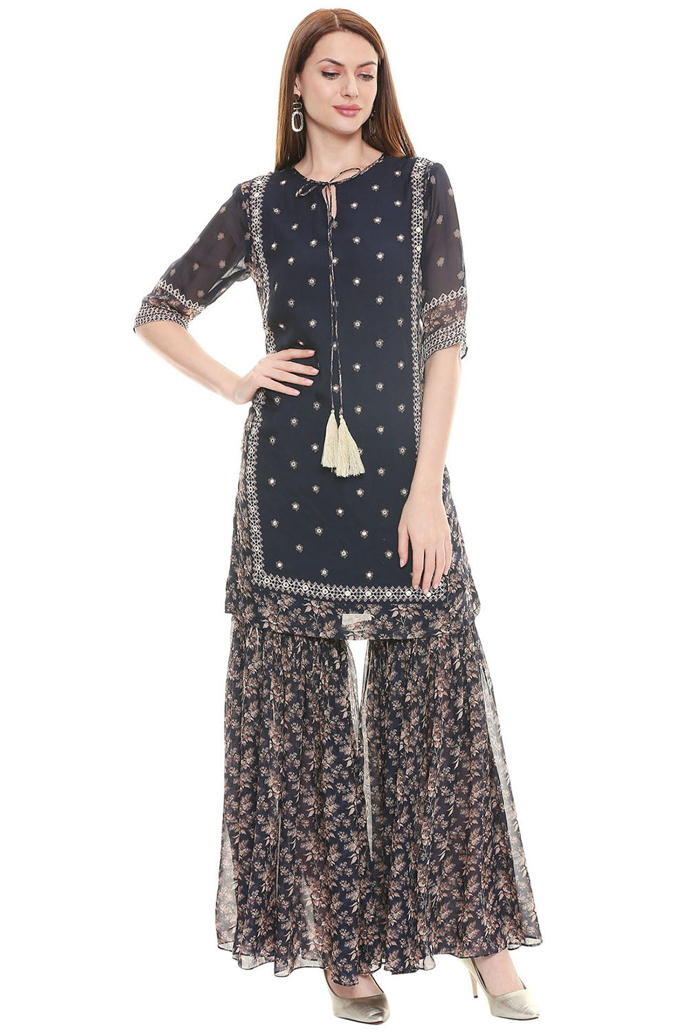 Applique Printed Kurta With Sharara Pant