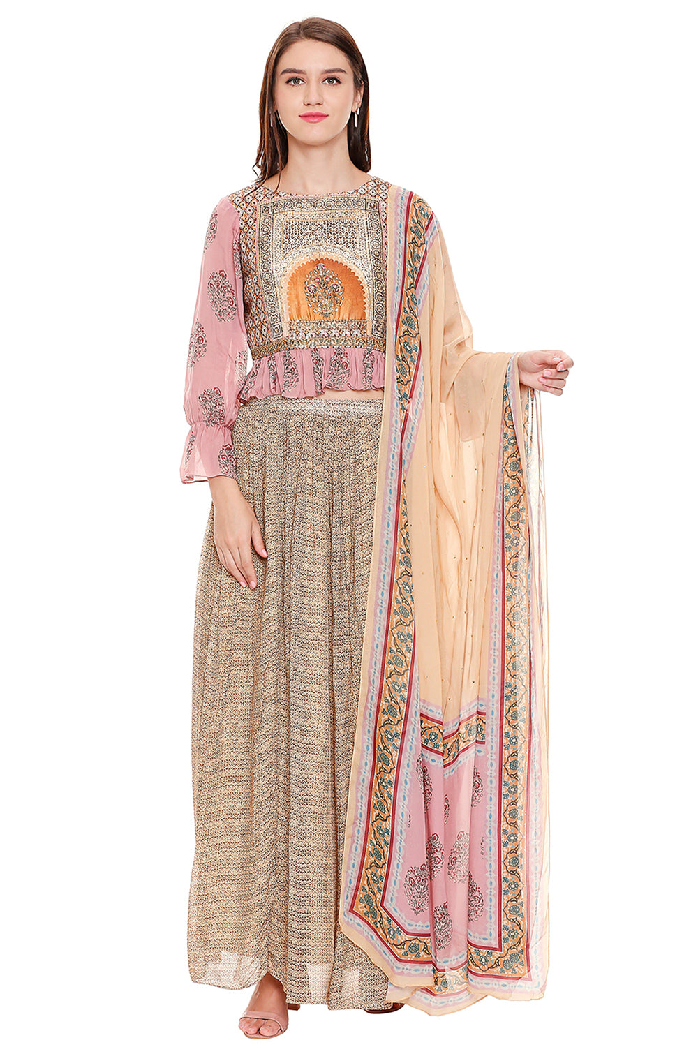 Pink Printed Crop Top With Balloon Sleeves, Pleated Skirt And Dupatta