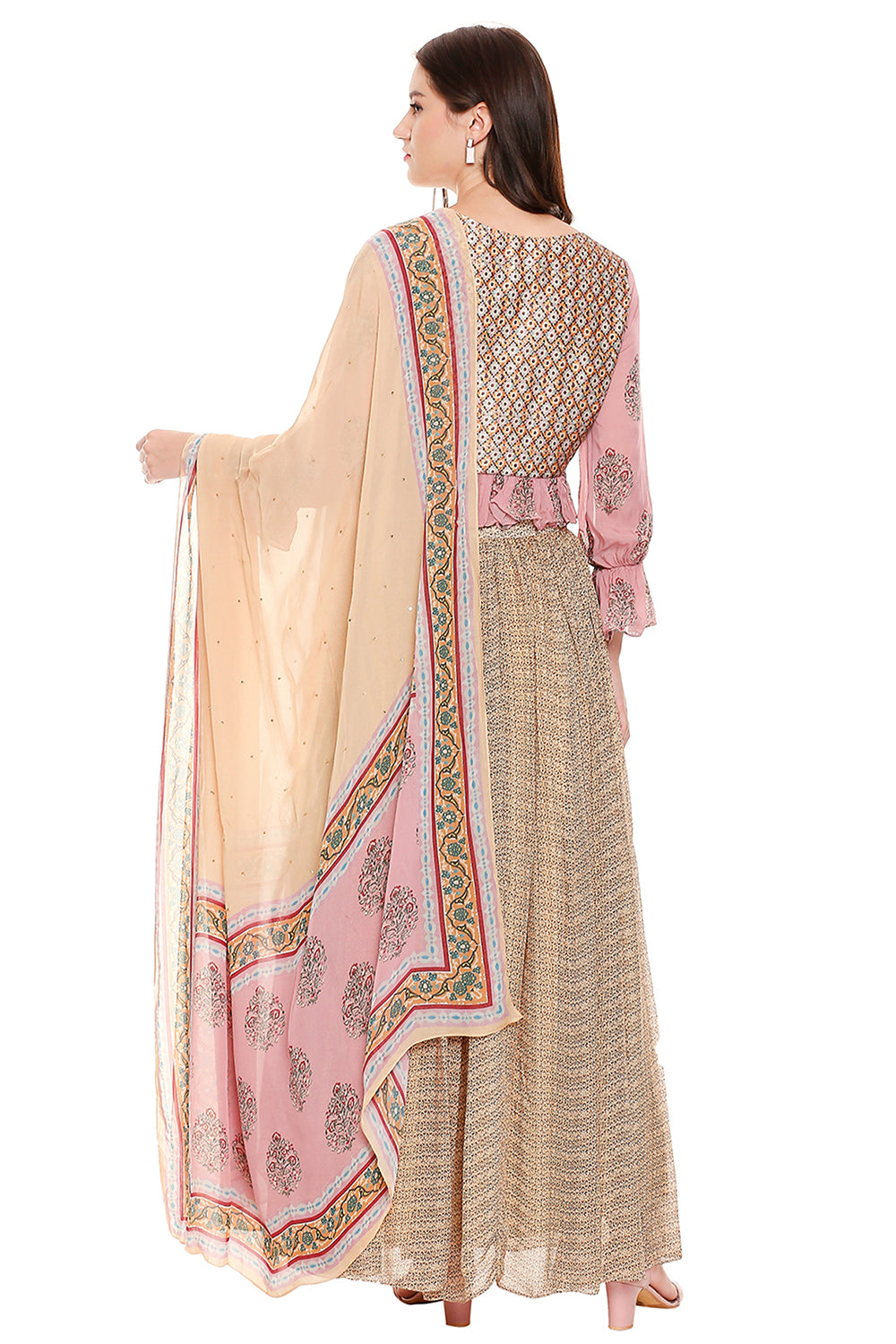 Pink Printed Crop Top With Balloon Sleeves, Pleated Skirt And Dupatta
