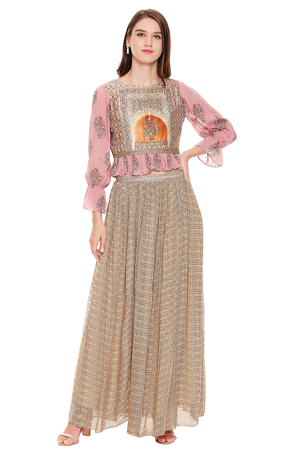 Pink Printed Crop Top With Balloon Sleeves, Pleated Skirt And Dupatta