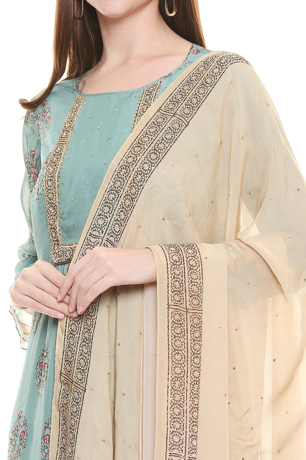 Sage Green Printed Kurta Paired With Palazzo And Dupatta