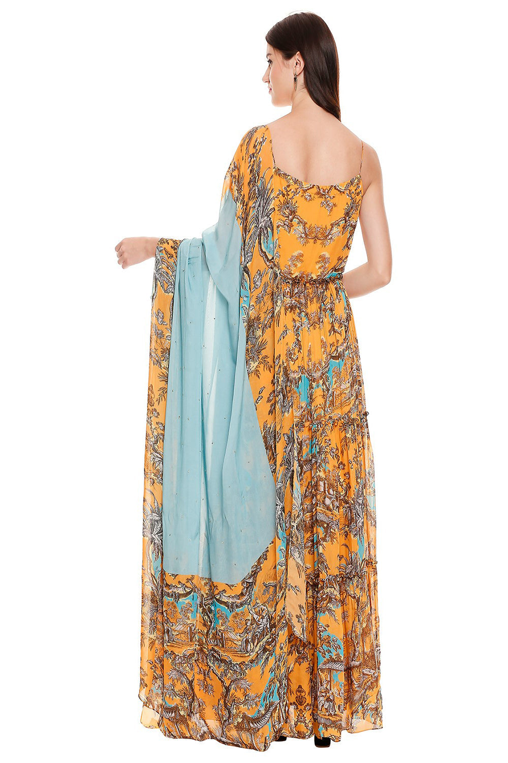 Printed Noodle Strap Long Dress With Dupatta