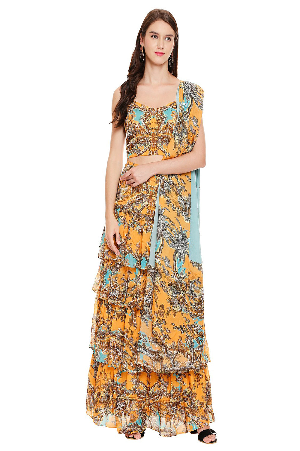 Printed Bustier Top Paired With Layered Pants And Dupatta