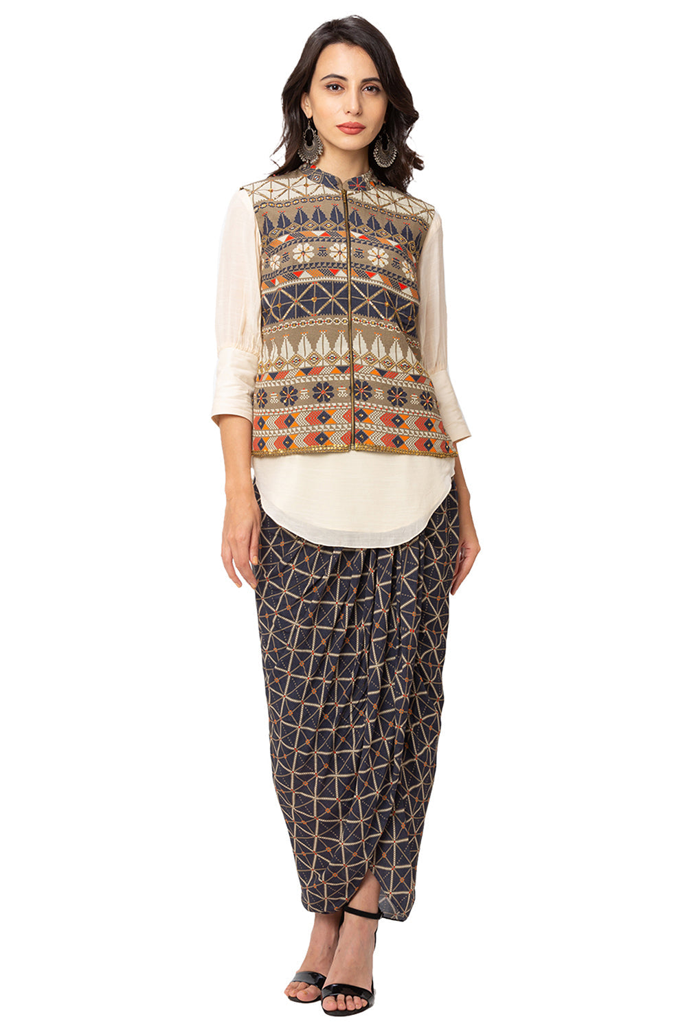 Tiraz Printed Embroidered Drape Skirt Set