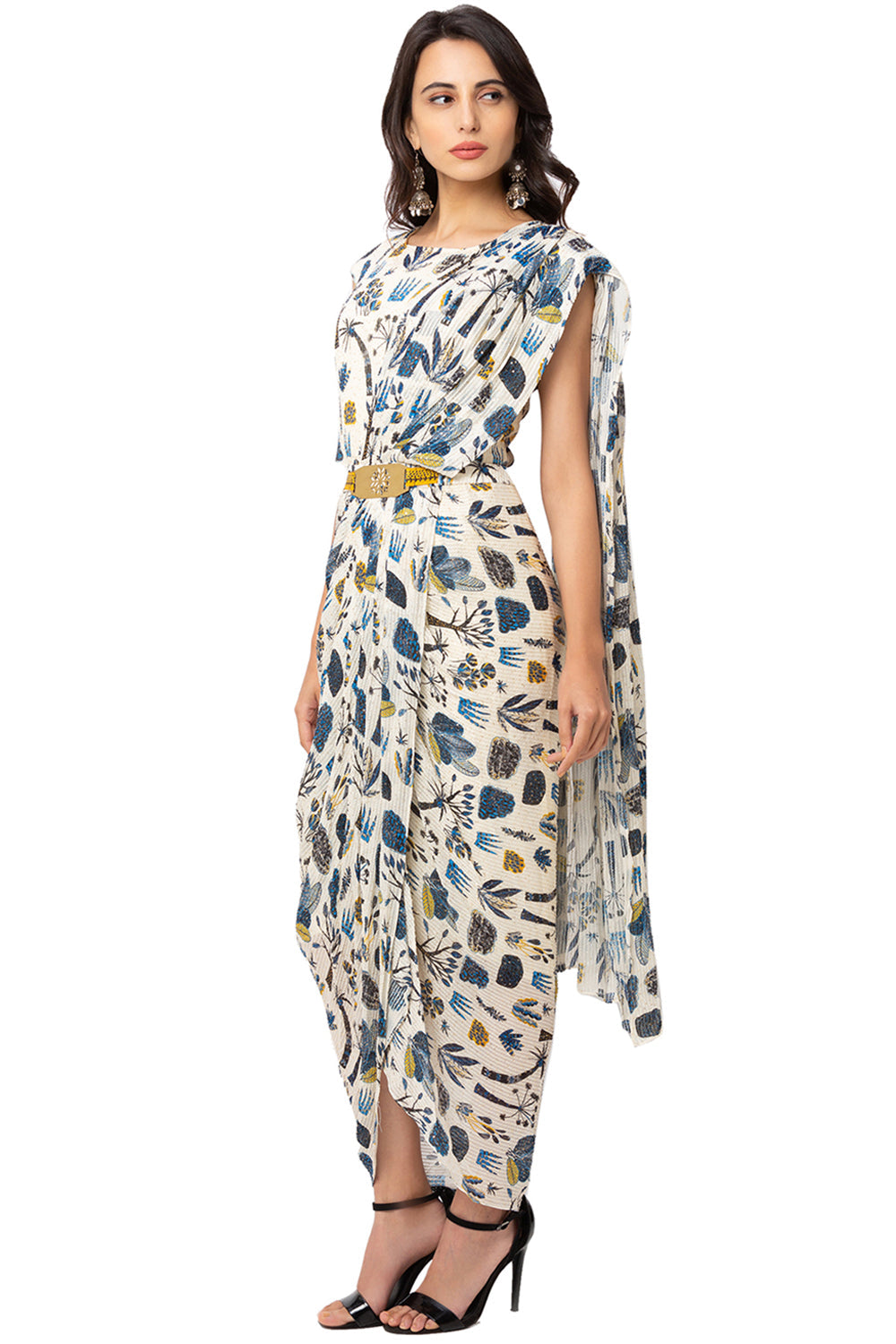 Off White Tree Printed Drape Dress With Belt