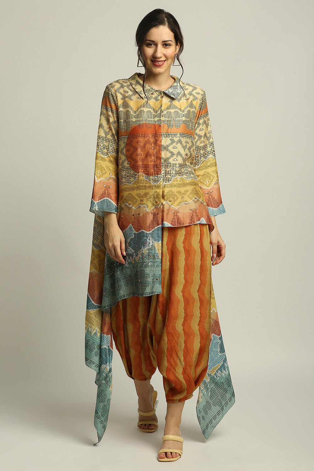 Dune Shadow Printed High-Low Top With Dhoti