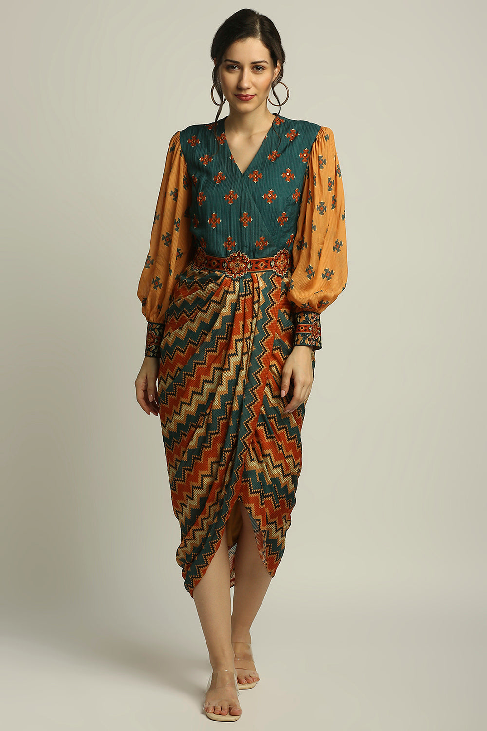 Tiraz Printed Drape Dress With Belt