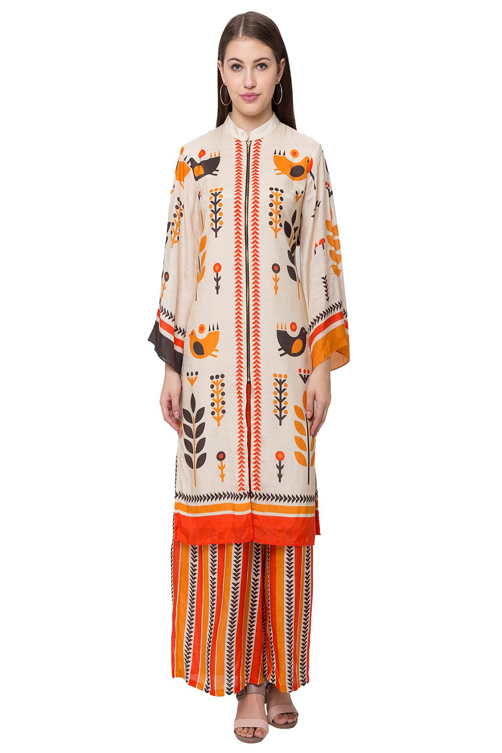 Bird Print Kurta With Front Zipper Paired With Printed Palazzo Pants