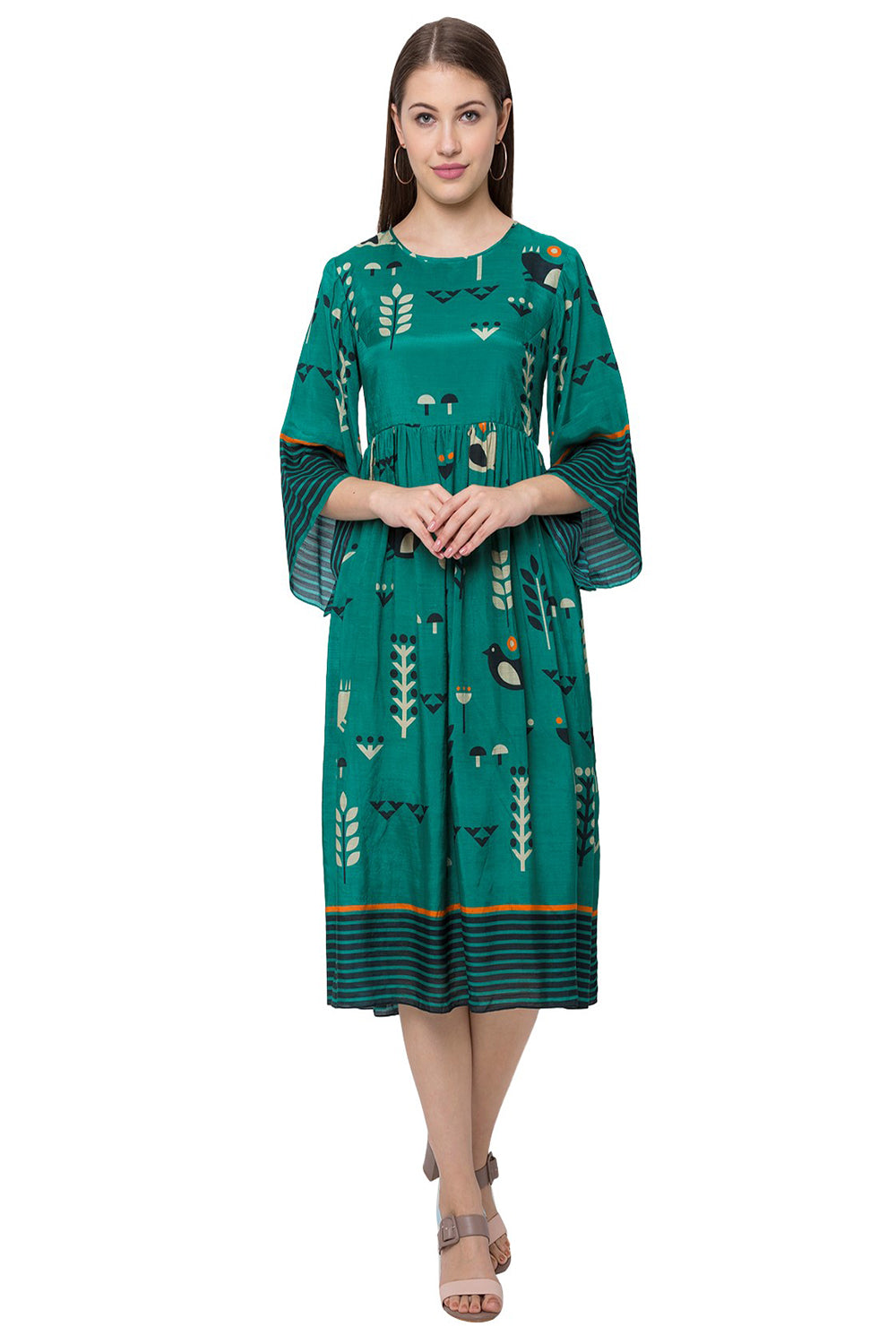 Bird Printed Dress With Waist Gathers And Bell Sleeves