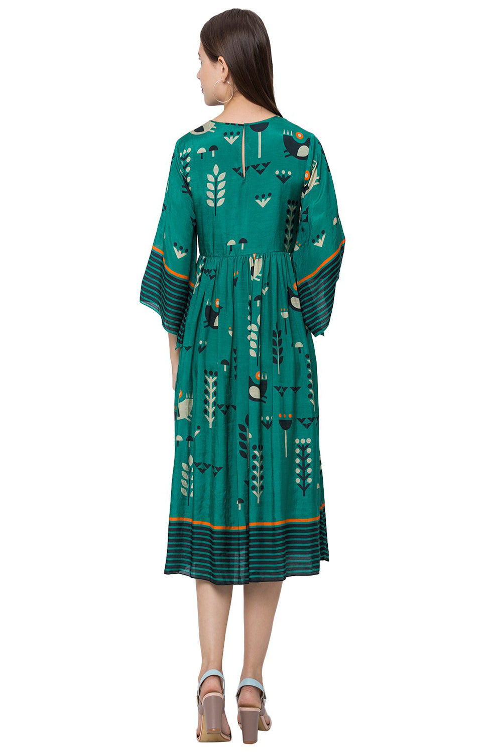 Bird Printed Dress With Waist Gathers And Bell Sleeves