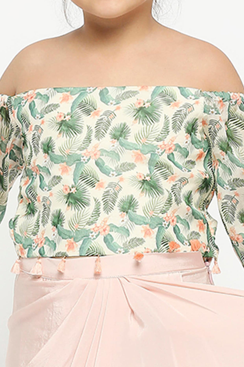 Tropical Off Shoulder Crop Top Paired With Draped Skirt